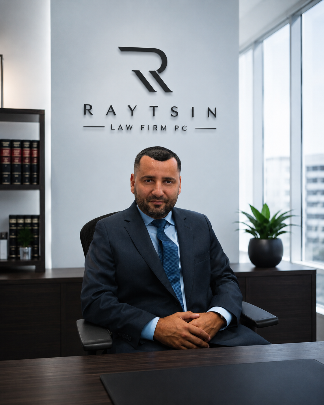 Boris Raytsin, Esq., founding attorney of Raytsin Law Firm PC, at his desk beneath the firm's office signage