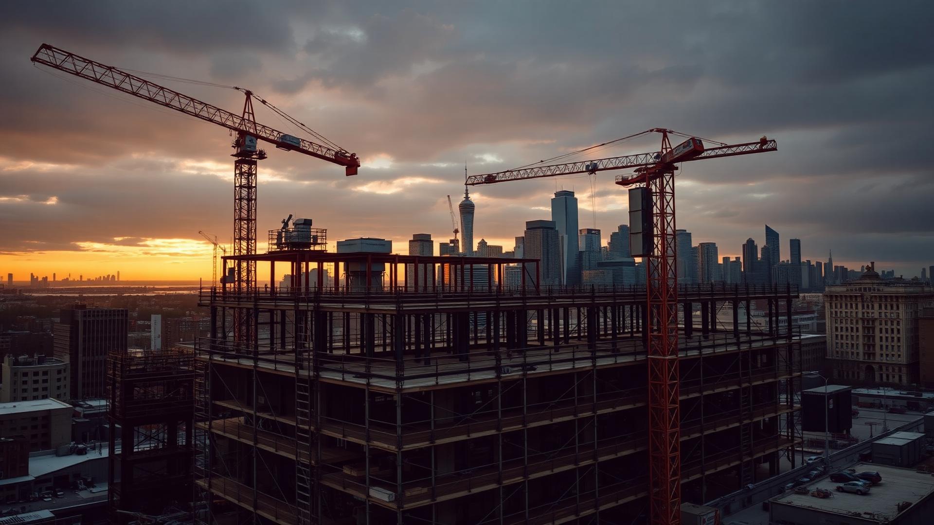 Queens construction site with cranes and scaffolding at sunset