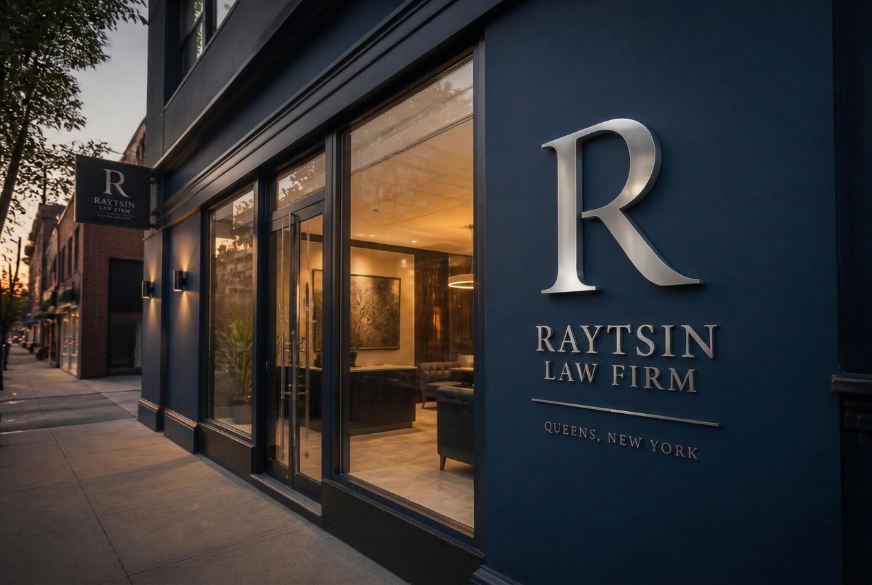 Raytsin Law Firm PC office in Queens, NY with silver R logo signage